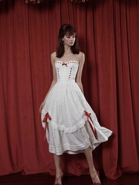 Lacemade Red Ribbon White Ballroom Skirt, M